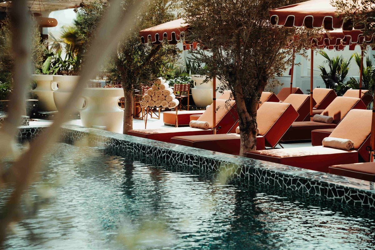 Terracotta loungers and scalloped parasols beside a mosaic-tiled pool at African Queen, shaded by olive trees