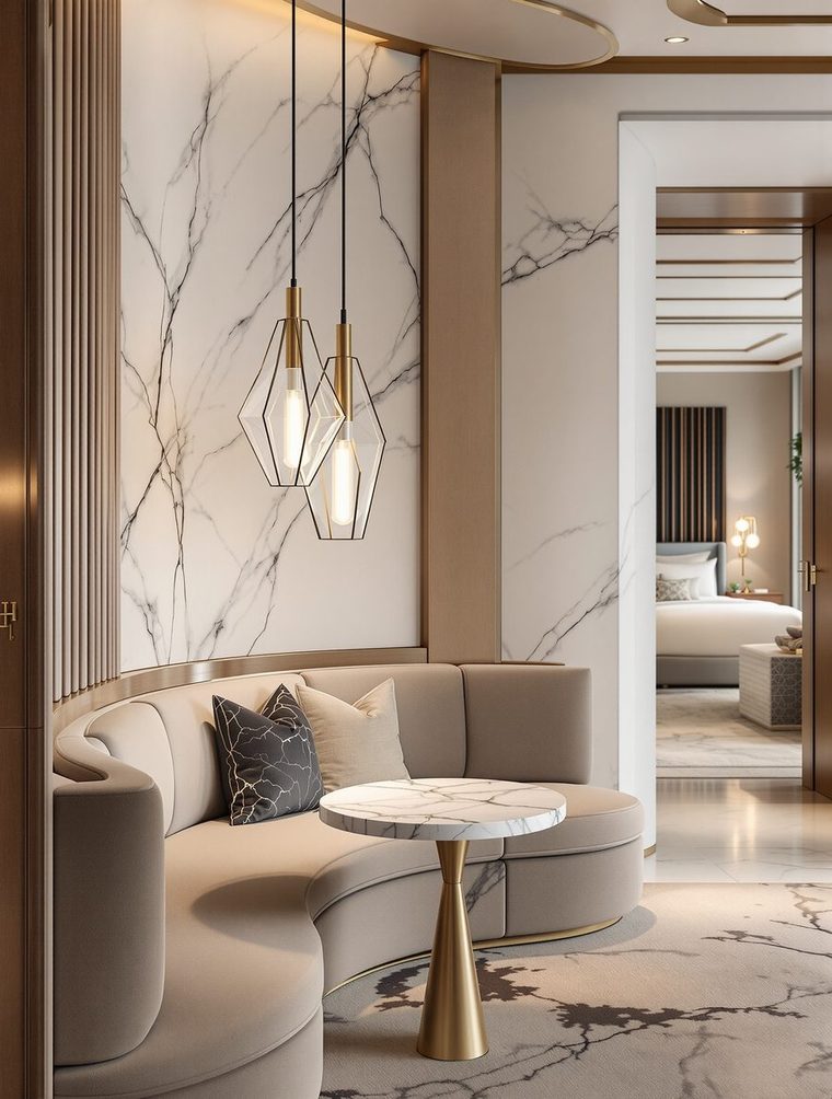 A marble-clad lounge with brass pendant lighting
