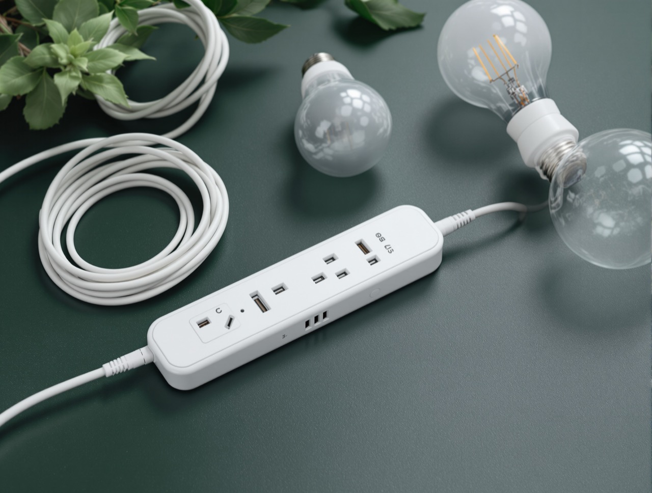 A white multi-way board with USB-C ports, a coiled cable and E27 lamps