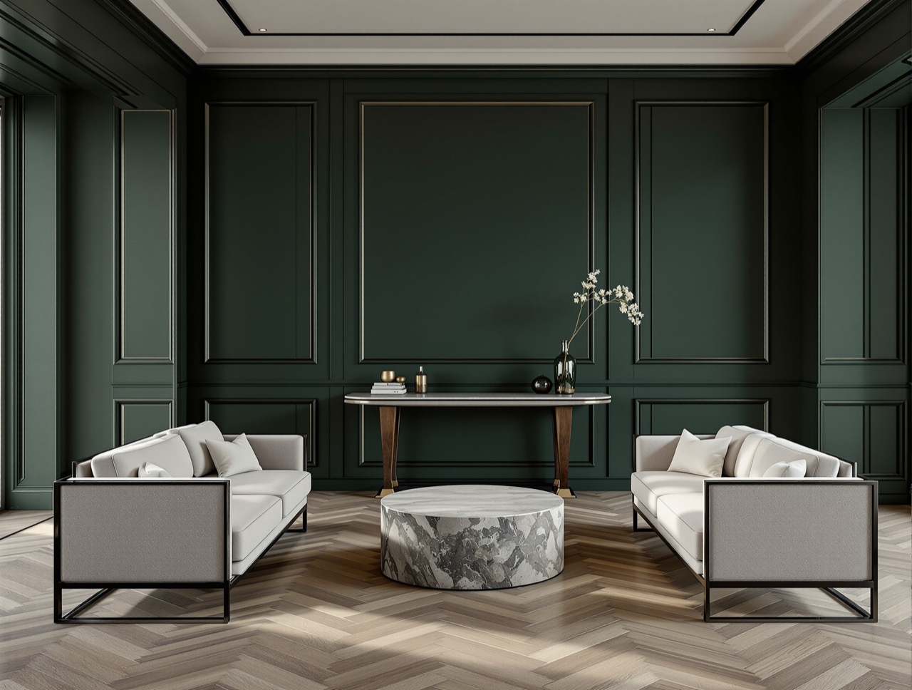 Bone upholstered lobby seating and a stone table on herringbone parquet