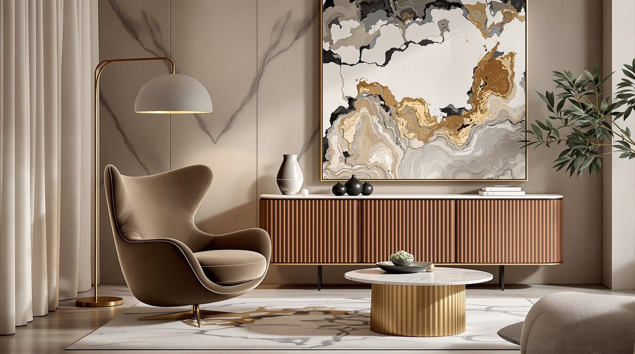 A designed lounge vignette: a curved velvet armchair, fluted walnut console and marble coffee table