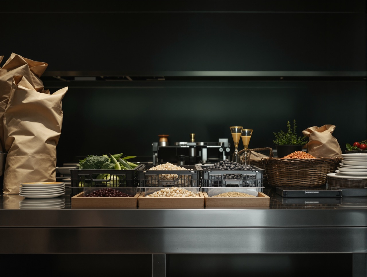 Kraft sacks of pulses and grains beside crates of fresh produce on a stainless kitchen pass
