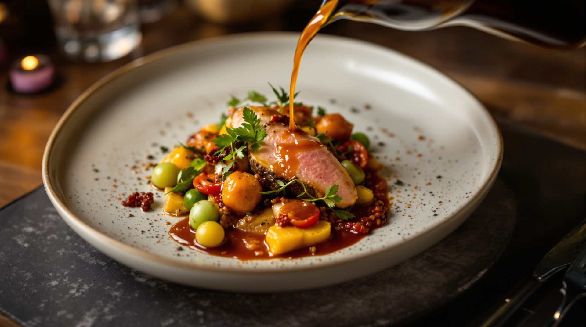 Plated fine-dining course and a poured drink on a dark restaurant pass