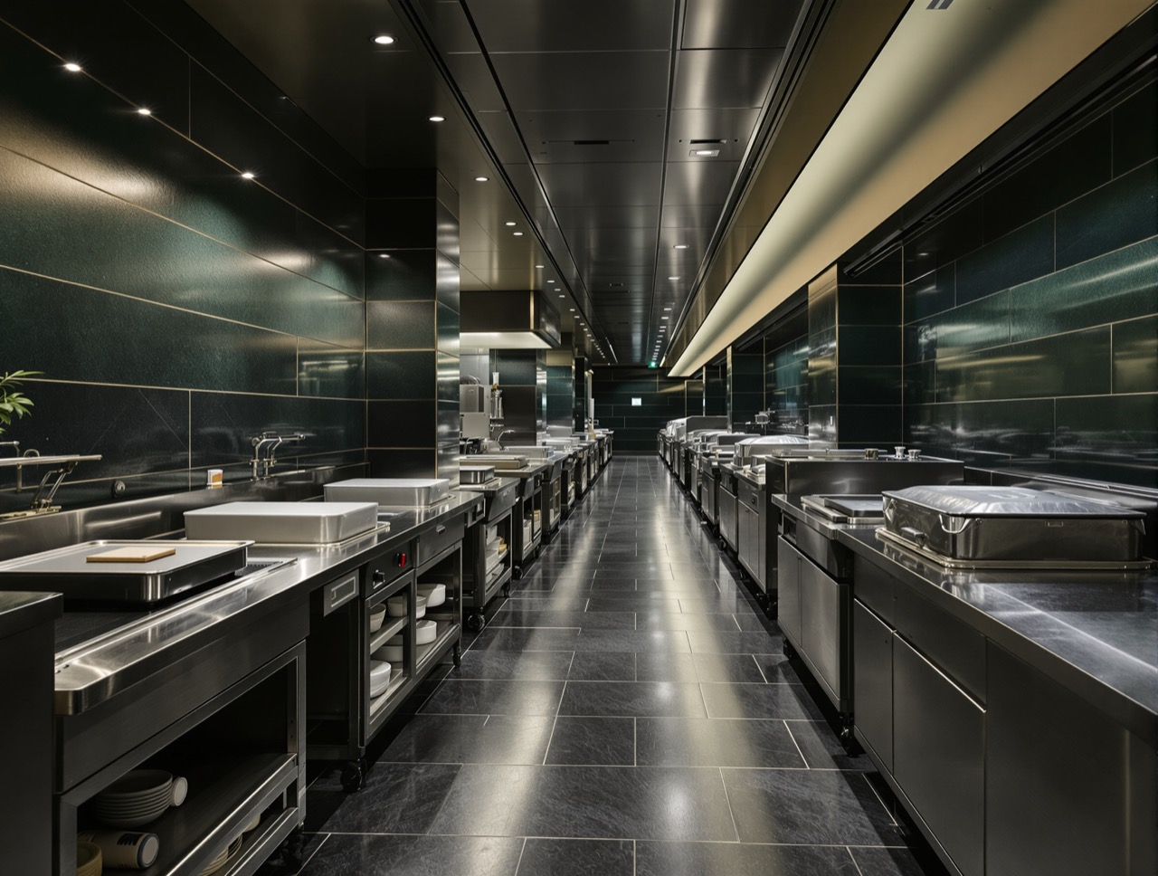 Stainless prep stations and service trolleys along a hotel banquet kitchen corridor