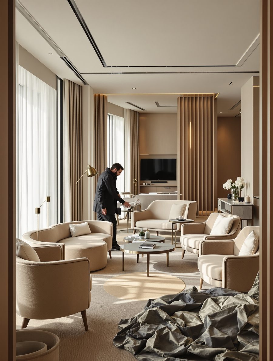A hotel lounge mid fit-out, furniture being placed before opening