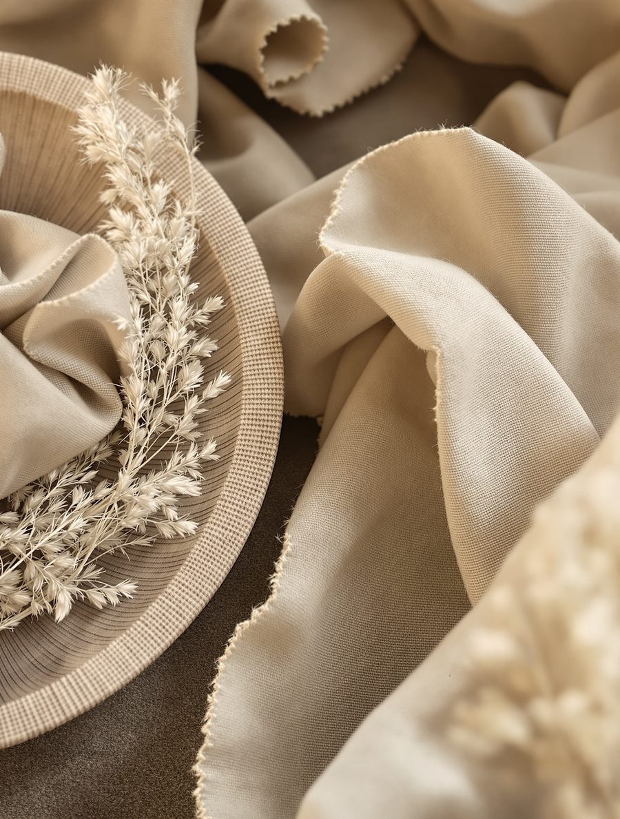 Close detail of natural linen fabric and a woven charger plate