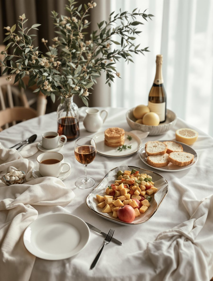 A dressed table laid with food, glassware, linen and tableware together