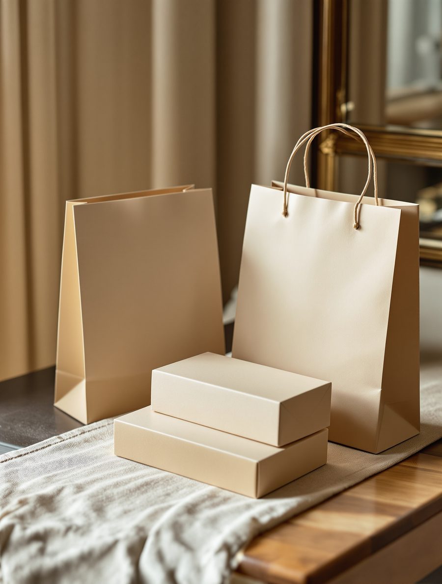 Plain unprinted kraft packaging and a paper carry bag on a hotel console