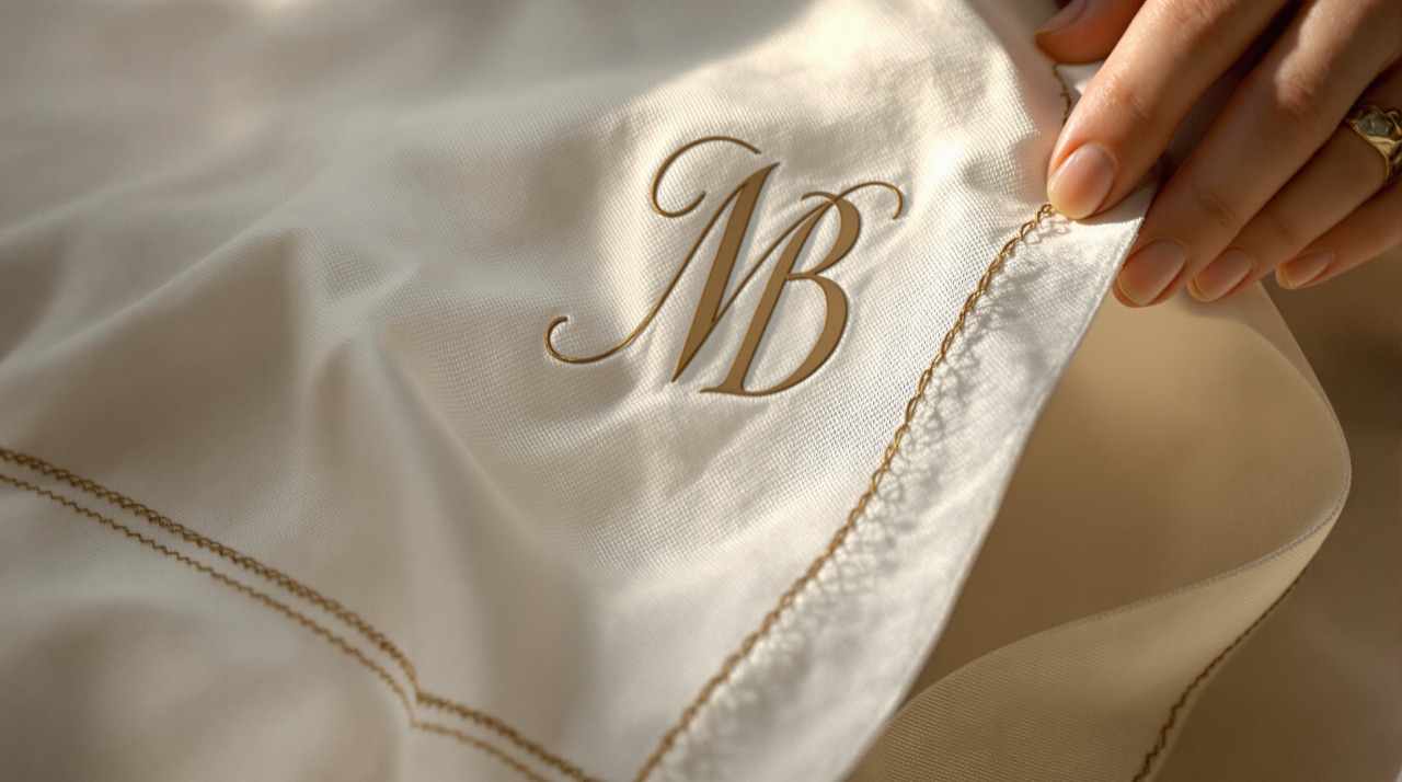 A woven property monogram and piped border being finished on fine white linen