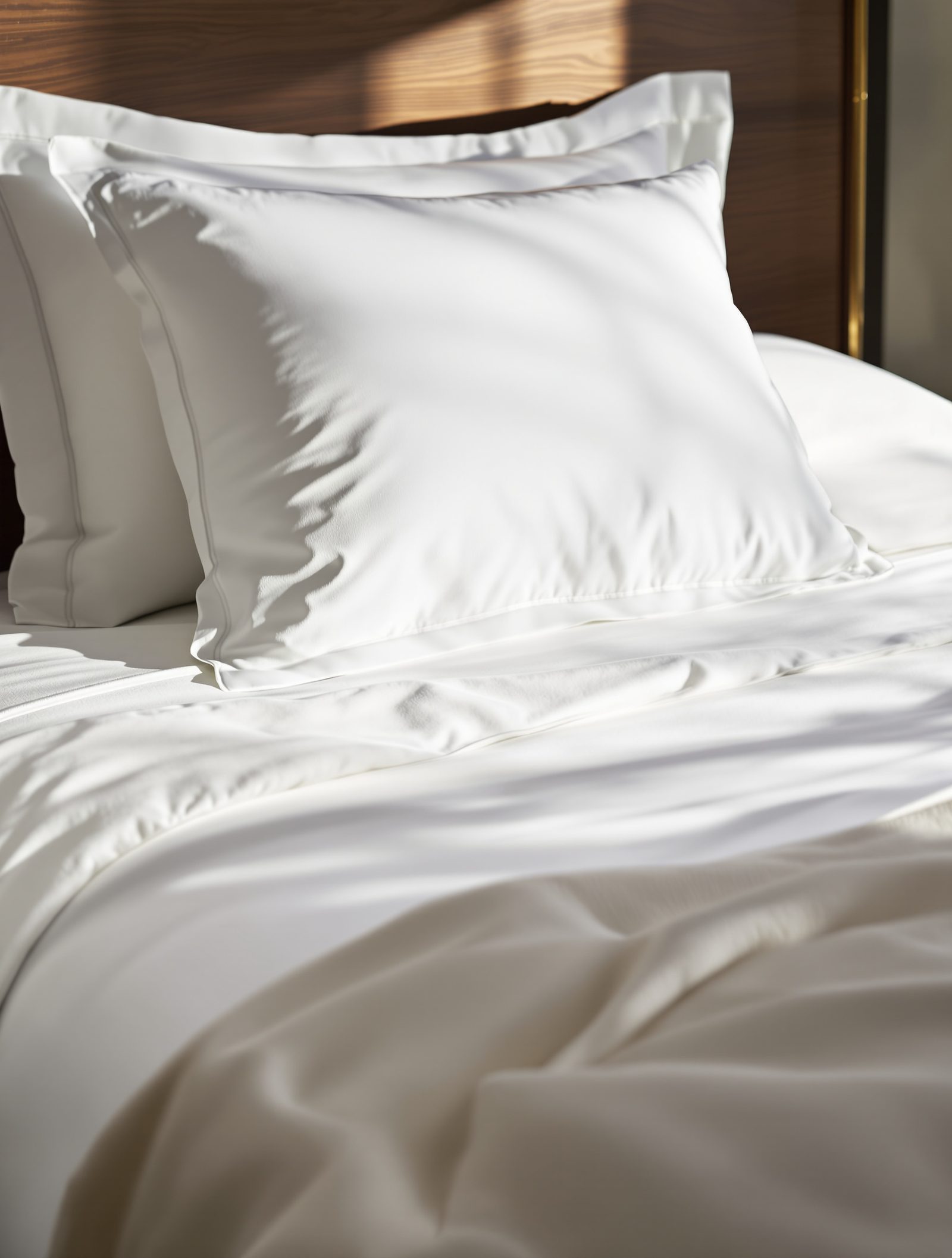 Crisp white sateen bed linen with piped edging and a plump down pillow