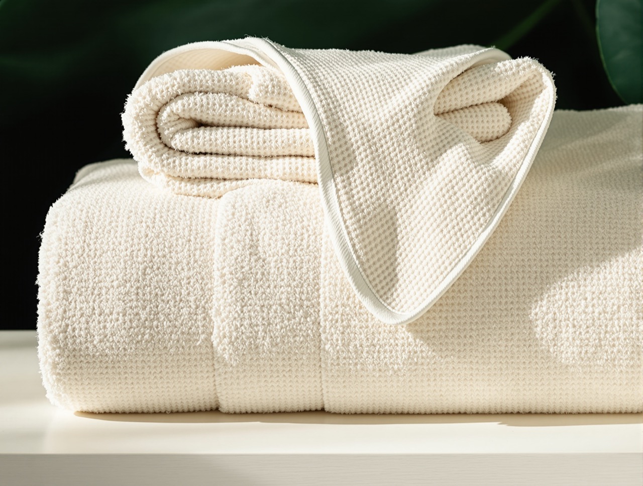 Folded bone towelling and a waffle robe showing weave and piped edging