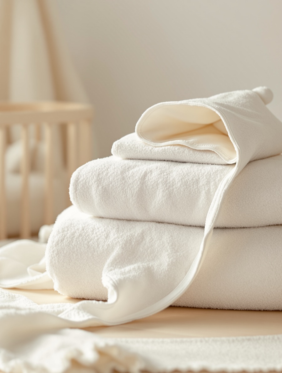 Soft folded children’s towelling, a hooded kids towel and cot linen