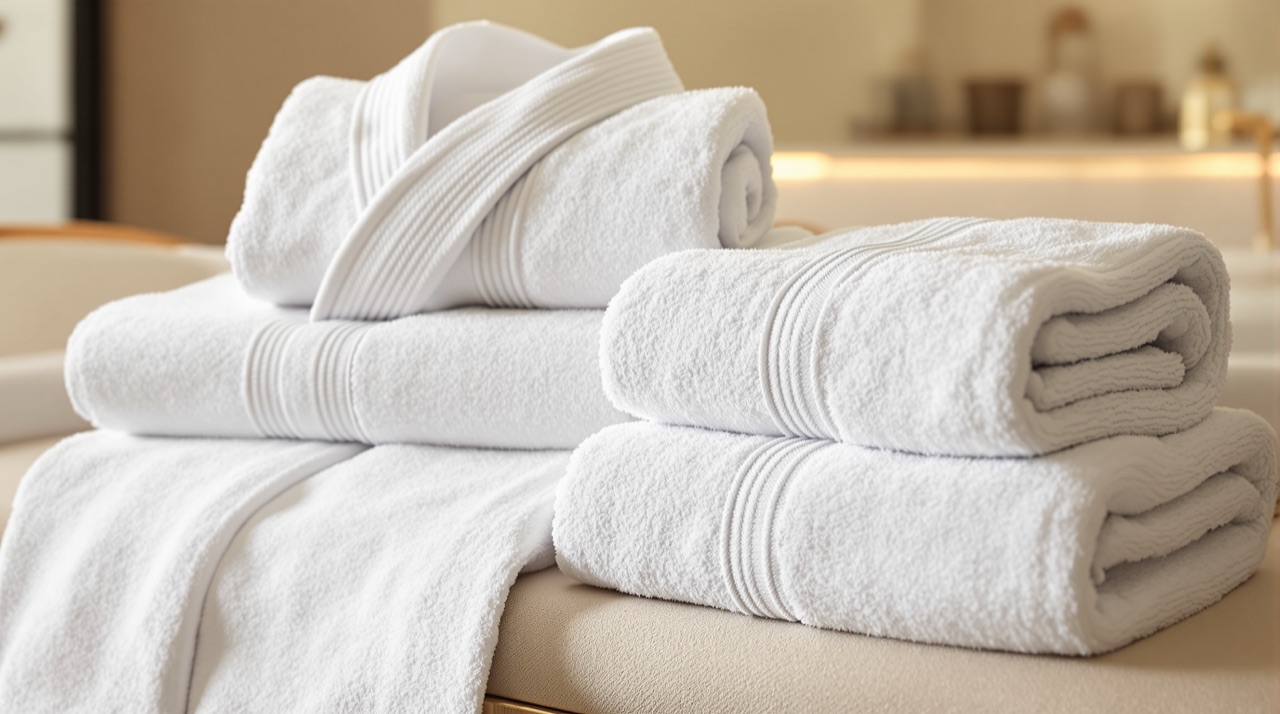 Folded white terry towels and a waffle bathrobe with banded borders