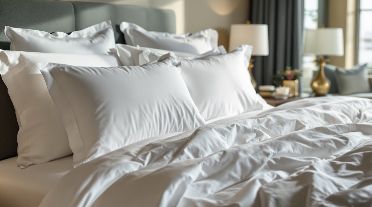 A luxury hotel bed layered with white pillows, duvet and topper