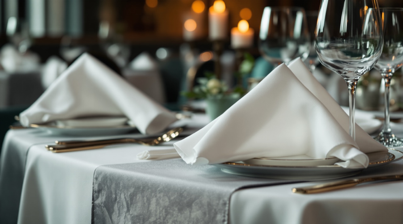 A dressed fine-dining table with crisp white cloth, folded napkins and a runner