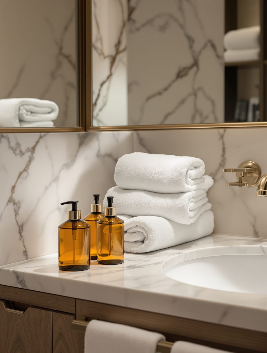 A marble hotel bathroom vanity with brass fittings, folded white towels and unlabelled amenity bottles