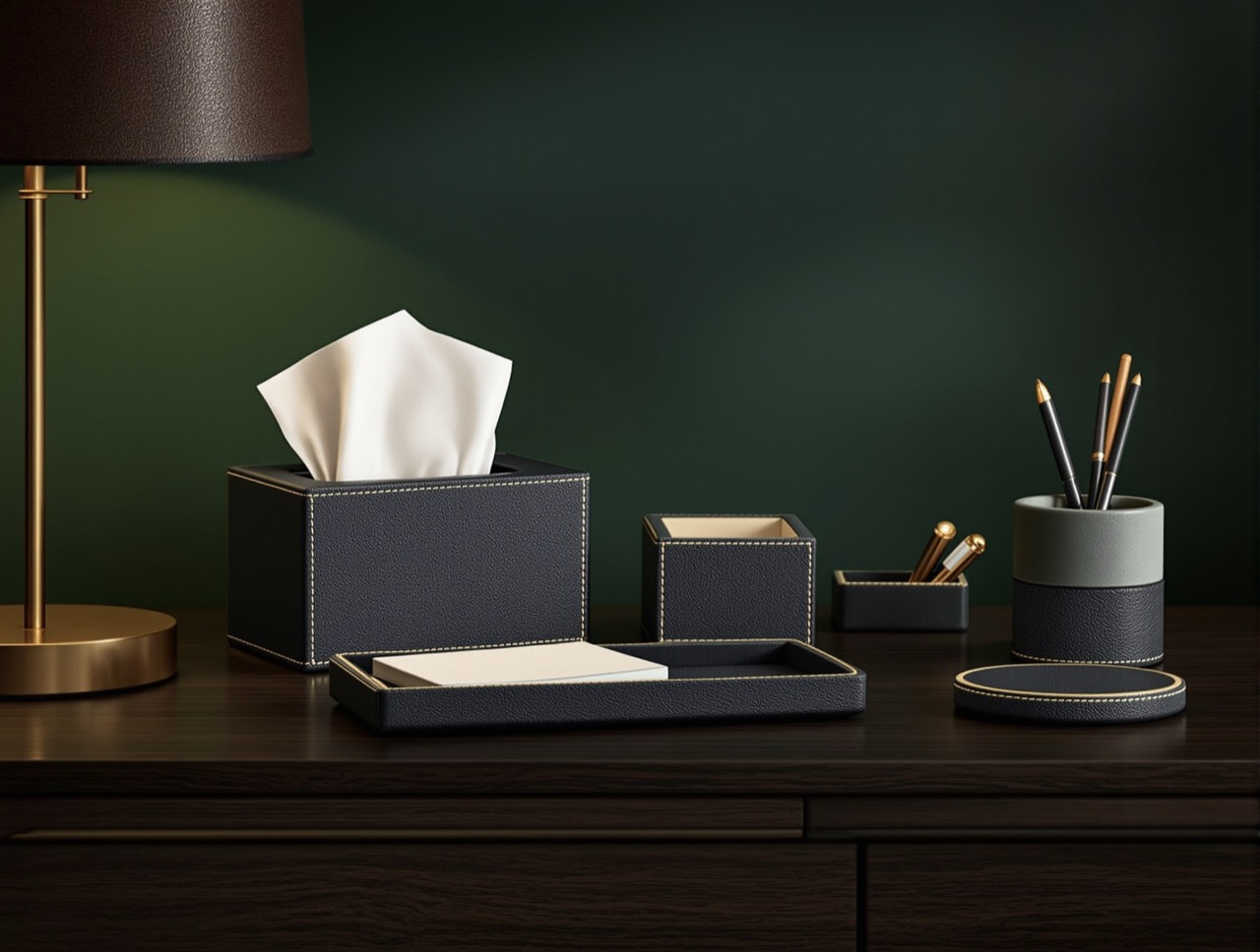 Charcoal leather desk set — tissue box, tray, stationery box — on a dark timber desk