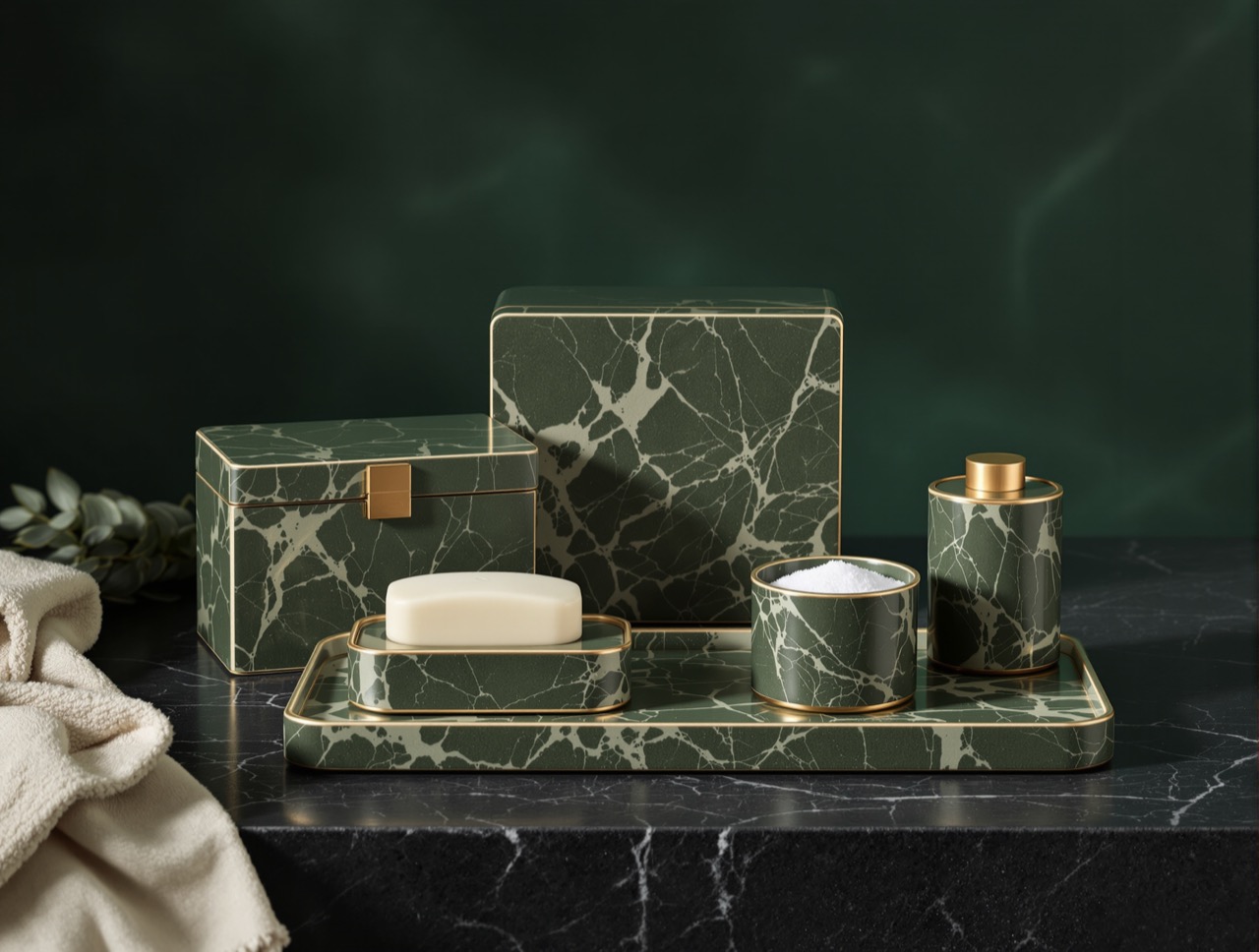 Marbleised lacquer amenity boxes, soap dish and towel tray on dark stone