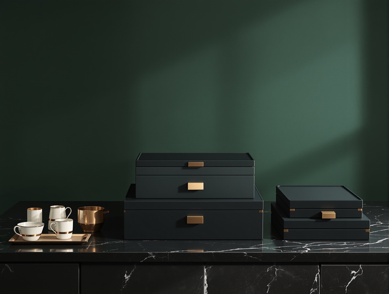 Dark lacquer presentation boxes with brass fittings stacked on stone